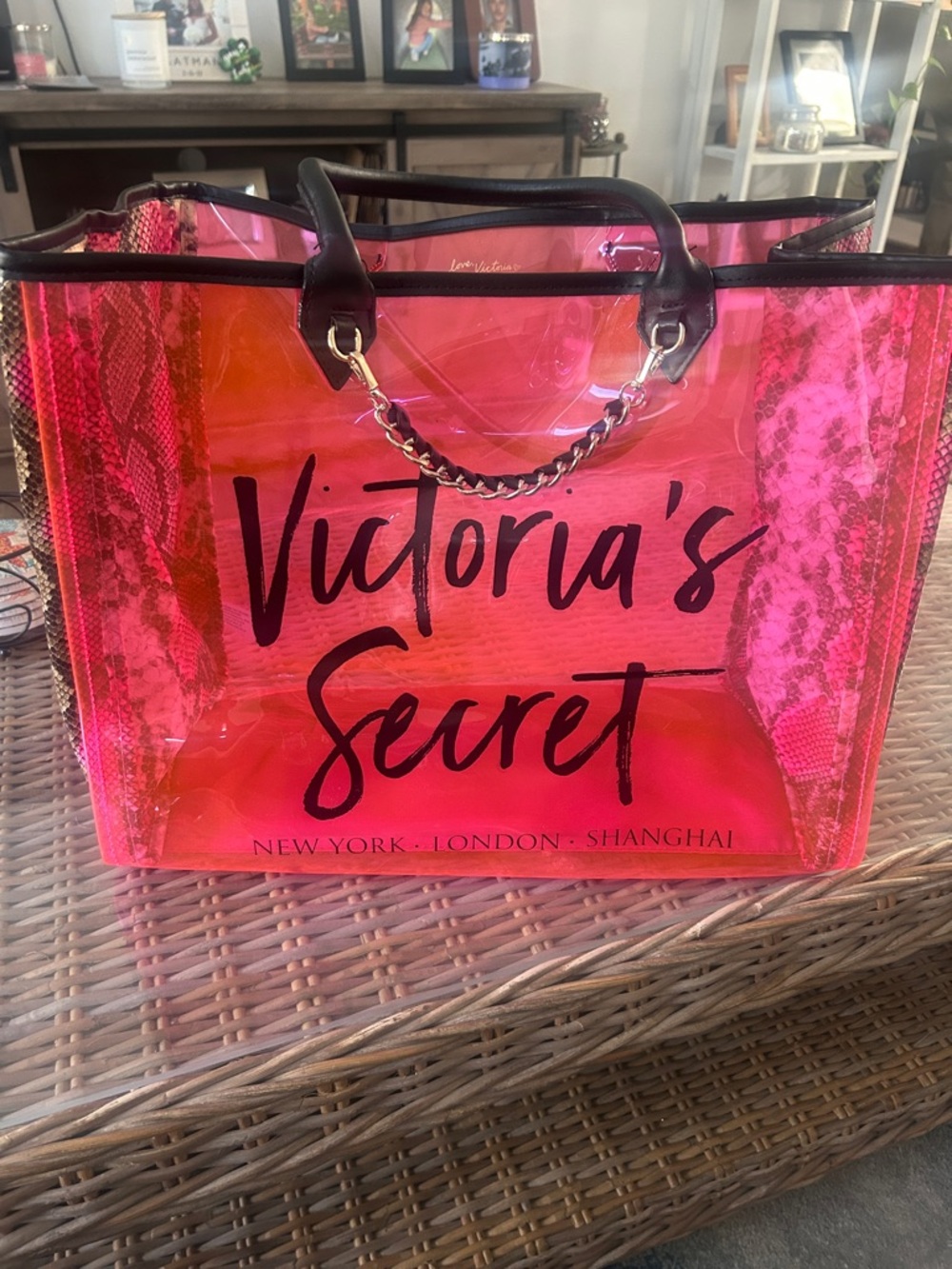 Victoria's Secret Hot Pink Clear Tote with Black Trim